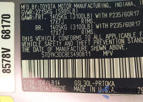 2014 Toyota Sienna Xle V6 8 Passenger z USA, uszkodzony, nr VIN 5TDYK3DC8ES490811